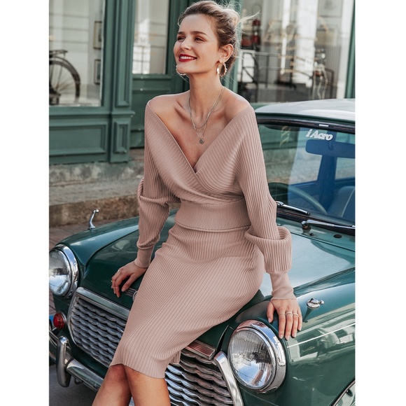 Rouge! Dresses & Skirts - 2 Piece Dress Rib Knit Midi V-Neck in Mocha Brown